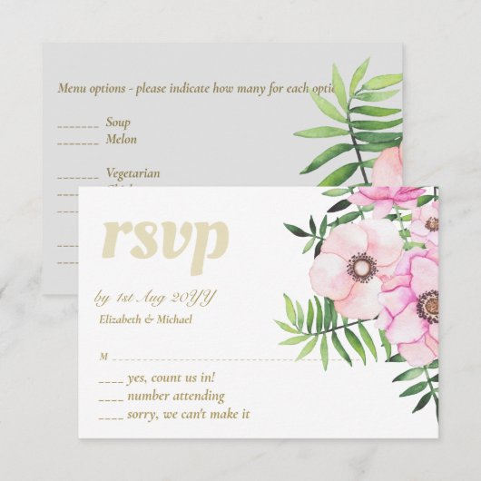 Blozende Roze Bloemige Saliebladeren Budget Bruilo RSVP Kaartje (Voorkant / Achterkant)