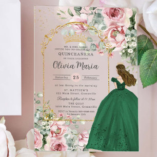 Blozende Roze Bloemige Smaragd Quinceañera Sweet 1 Acryl Uitnodigingen
