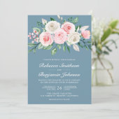 Blozende Roze Bloemige Stof Blauw QR Code Trouwen Kaart (Staand voorkant)
