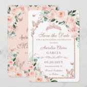 Blozende Roze Bloemige Zoete 16 Roze Gouden Quince Save The Date (Voorkant / Achterkant)