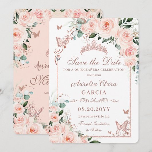 Blozende Roze Bloemige Zoete 16 Roze Gouden Quince Save The Date (Voorkant / Achterkant)