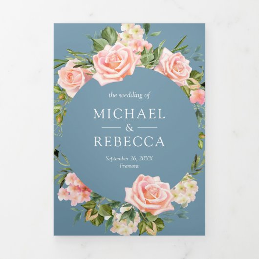 Blozende Roze Bloemrijke Kant Stof Blauw QR Code T Drieluik Uitnodiging (Cover)