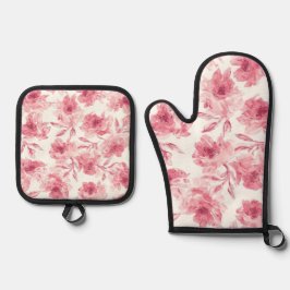 Blozende Roze Bloesems Waterverf Luchtige Bloemen Ovenwant & Pannenlap Set