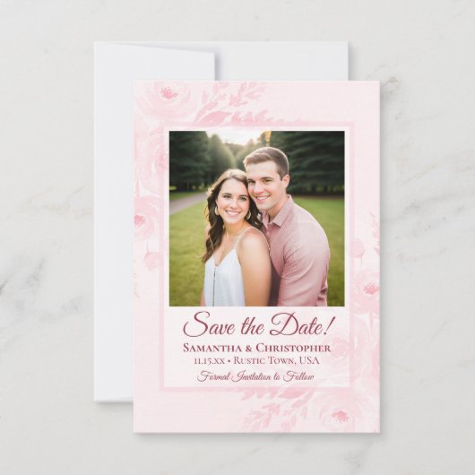 Blozende Roze Boho Chic Pioenrozen & Foto Bruiloft Save The Date (Voorkant)