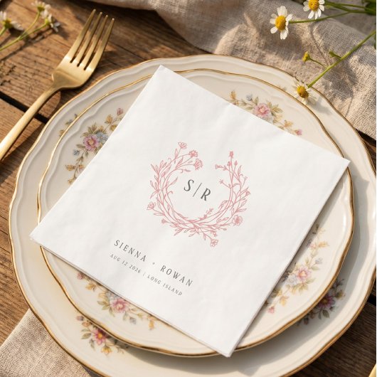 Blozende Roze Boho Versierd Monogram Huwelijk Servet