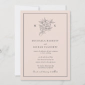 Blozende Roze Botanische Bloem Monogram Bruiloft Kaart (Voorkant)