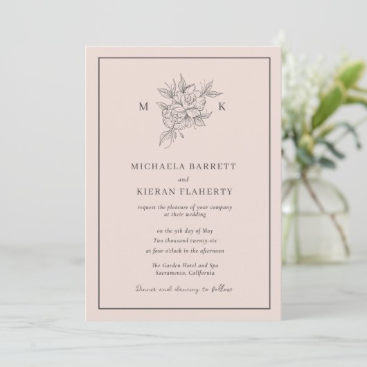 Blozende Roze Botanische Bloem Monogram Bruiloft Kaart (Staand voorkant)