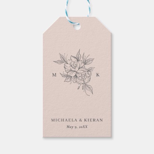 Blozende Roze Botanische Monogram Trouw Cadeaulabel (Voorkant)