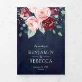 Blozende Roze Bourgondië Bloemencode Navy Bruiloft Drieluik Uitnodiging (Cover)