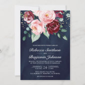 Blozende Roze Bourgondië Bloemencode Navy Bruiloft Kaart (Voorkant)