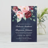 Blozende Roze Bourgondië Bloemencode Navy Bruiloft Kaart (Staand voorkant)