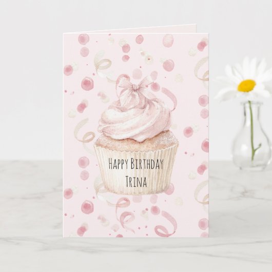 Blozende Roze Confetti Cupcake Strik Verjaardag Kaart (Kleine Plant)