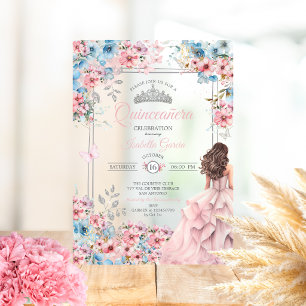 Blozende Roze en Blauwe Tiara Bloem Quinceañera Acryl Uitnodigingen