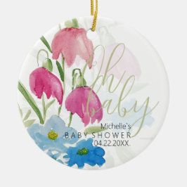 Blozende Roze En Blauwe Waterverf Bloemen Keramisch Ornament
