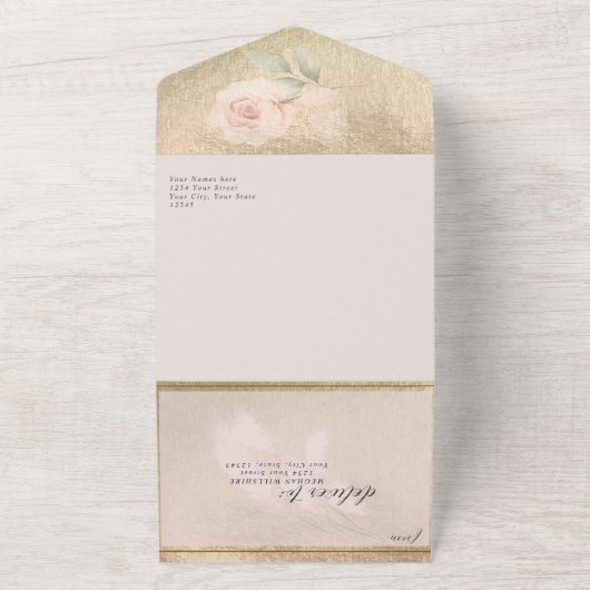 Blozende Roze en Gouden Pampasgras Bruiloft All In One Uitnodiging (Buitenkant)