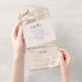 Blozende Roze en Gouden Pampasgras Bruiloft All In One Uitnodiging