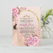 Blozende Roze en Gouden Rozen Elegante Quinceanera Kaart (Staand voorkant)