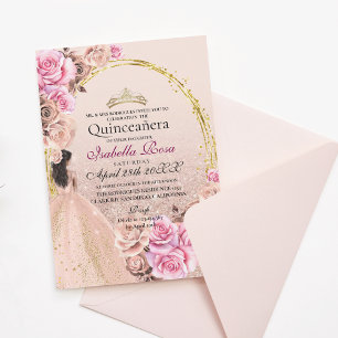 Blozende Roze en Gouden Rozen Elegante Quinceanera Kaart