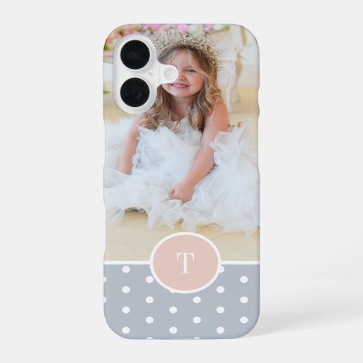 Blozende Roze en Grijs Stippen Monogram & Foto iPhone 16 Hoesje (Achterkant)