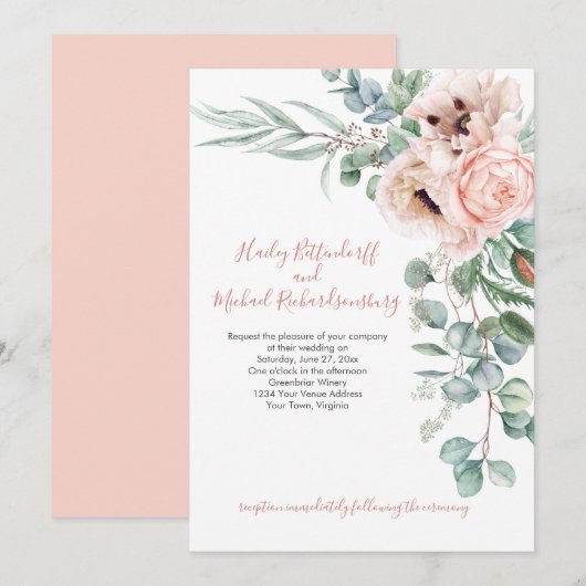 Blozende Roze en Ivoor Klaprozen Eucalyptus Groenb Kaart (Voorkant / Achterkant)