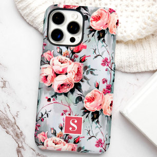 Blozende roze en koraalrode monogram bloemstuk iPhone 16 pro max hoesje