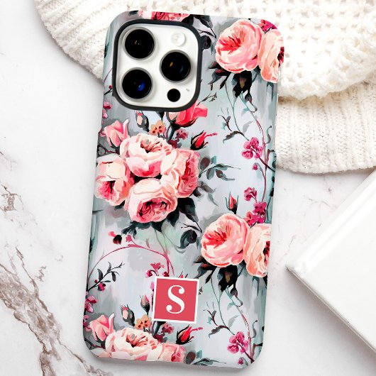 Blozende roze en koraalrode monogram bloemstuk Case-Mate iPhone case