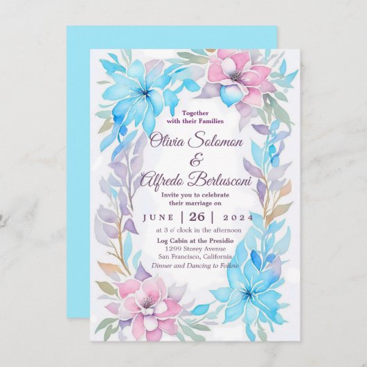 Blozende Roze en Oceaanblauwe Aquarel Bloemenuitno Kaart (Voorkant / Achterkant)