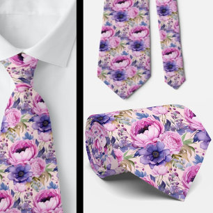 Blozende roze en paarse violette bloemen bloemstuk stropdas