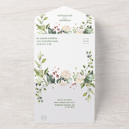 Blozende Roze en Witte Bloemen met Gouden Accenten All In One Uitnodiging (Buitenkant)