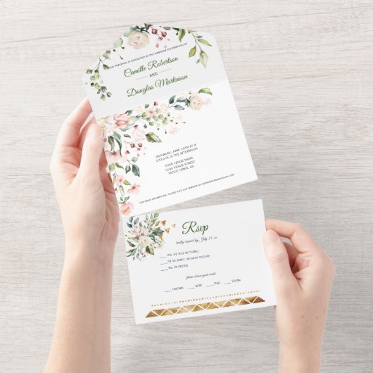 Blozende Roze en Witte Bloemen met Gouden Accenten All In One Uitnodiging (Afscheurbaar)