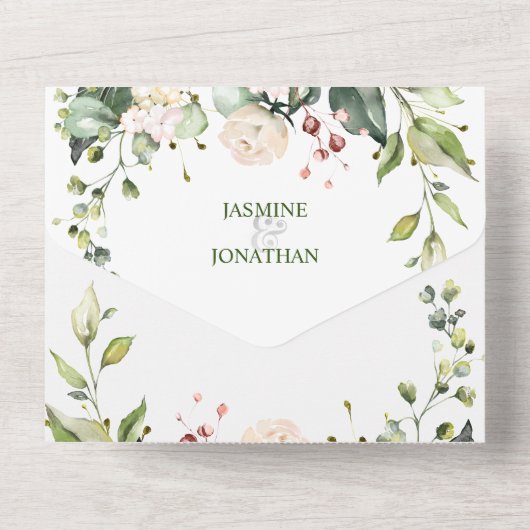 Blozende Roze en Witte Bloemen met Gouden Accenten All In One Uitnodiging (Achterkant)