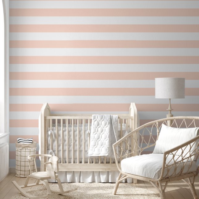 Blozende roze en witte brede horizontale strepen behang (Kinderen)