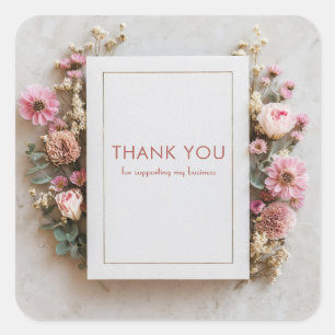 Blozende Roze Gedroogde Bloemen Roos Rustieke Goud Vierkante Sticker