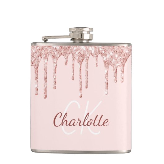 Blozende roze glinsterende roosgouden monogram naa heupfles (Voorkant)