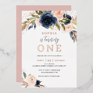 Blozende Roze Goud Navy Bloemen Meisje 1e Verjaard Folie Uitnodiging