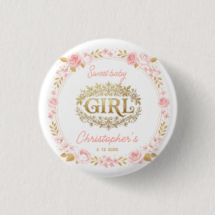 Blozende Roze & Gouden Bloem Meisje Baby Shower Ronde Button 3,2 Cm