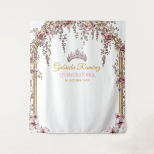Blozende Roze Gouden Bloem Quinceañera Achtergrond Wandkleed
