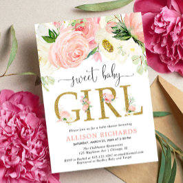 Blozende roze gouden bloemenmeisje baby shower kaart