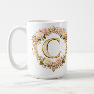 Blozende Roze Gouden Bloemige Monogram Letter C Tr Koffiemok