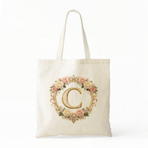 Blozende Roze Gouden Bloemige Monogram Letter C Tr