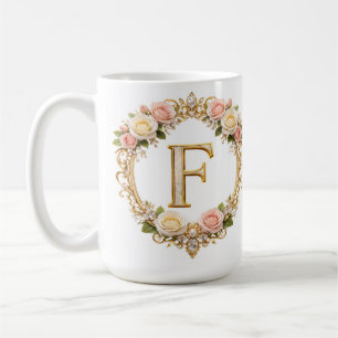 Blozende Roze Gouden Bloemige Monogram Letter F Tr Koffiemok