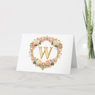 Blozende Roze Gouden Bloemige Monogram Letter W Tr Bedankkaart