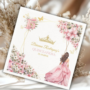 Blozende Roze Gouden Bloemige Vlinders Quinceañera Servet