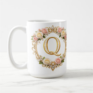 Blozende Roze Gouden Bloemstuk Letter Q Trouwdag Koffiemok