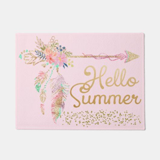 Blozende Roze Gouden Glitter Boho Veer Hallo Zomer Deurmat (Voorkant)