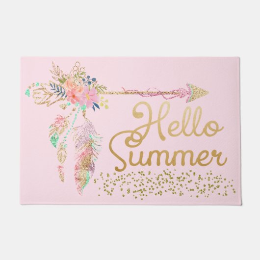 Blozende Roze Gouden Glitters Boho Veer Hallo Zome Deurmat (Voorkant)