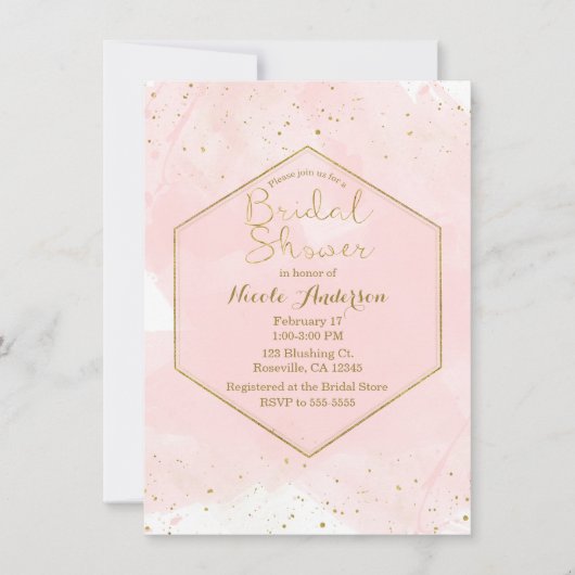 Blozende Roze & Gouden Spatten Moderne Bruidsdouch Kaart (Voorkant)