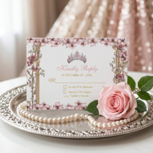 Blozende Roze Gouden Tiara Bloemige Quinceañera RSVP Kaartje