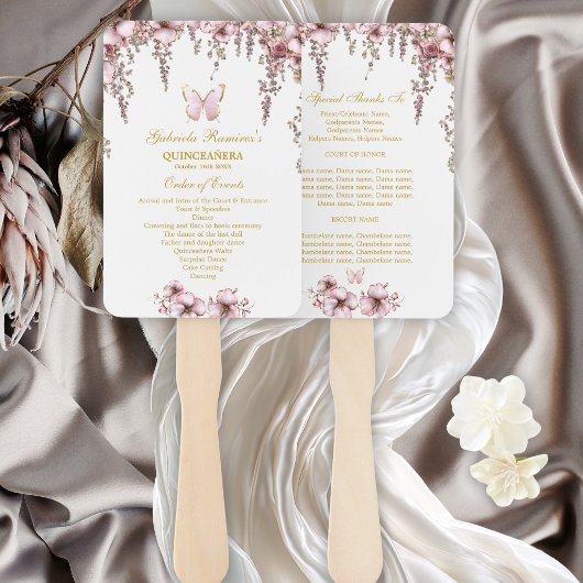 Blozende Roze Gouden Vlinder Quinceañera Programma Handwaaier
