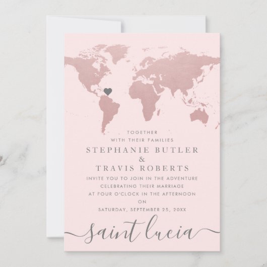 Blozende Roze Gouden Wereldkaart Reis Thema Trouwd Kaart (Voorkant)